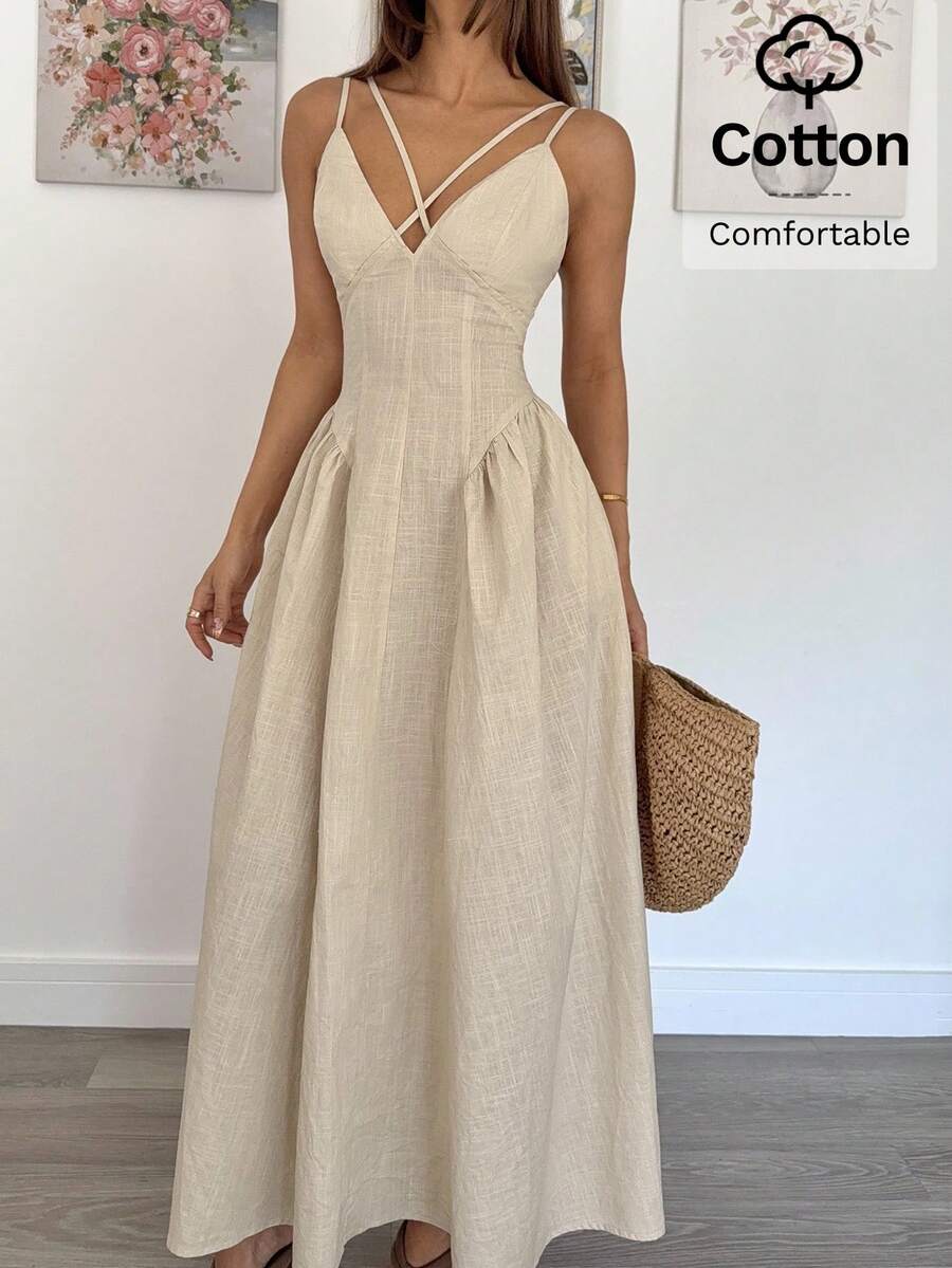 Siren Gaze 女式纯色交叉垂坠长款吊带裙 - 杏色 - 查看 1