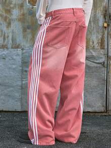 AXEPEAK Men's Casual Contrast Color Side Stripe Pink Jeans - Pink - View 2