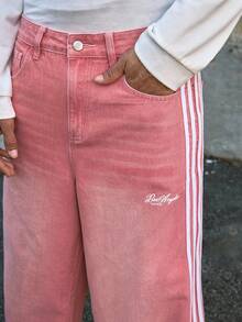 AXEPEAK Men's Casual Contrast Color Side Stripe Pink Jeans - Pink - View 5