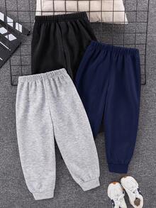 SHEIN 3条装儿童男童休闲刺绣保暖宽松运动裤，适合上学、花园、海滩、生日、秋冬季穿着。 - 藏蓝色 - 查看 5