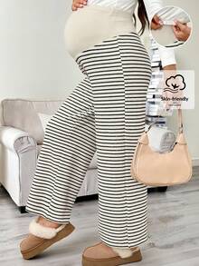 SHEIN 孕妇休闲条纹高腰裤，秋冬 - 黑與白 - 查看 10