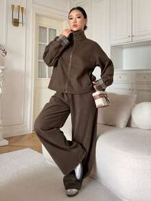 DAZY 女士时尚休闲撞色格纹卫衣裤两件套运动服套装女式连帽家居服套装 - 棕色 - 查看 2