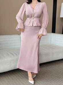DAZY Women's Elegant Solid Color Long Sleeve Shirt & Skirt 2-Piece Set - Purple - View 5