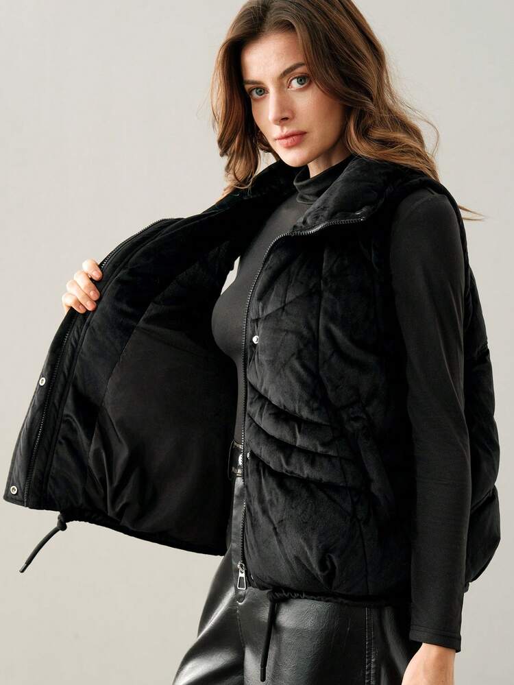 Chaleco casual suelto con cremallera delantera de unicolor para mujer, para invierno