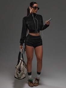 Dewbera Women Casual Zip-Up Cropped Sports Jacket - Black - View 5