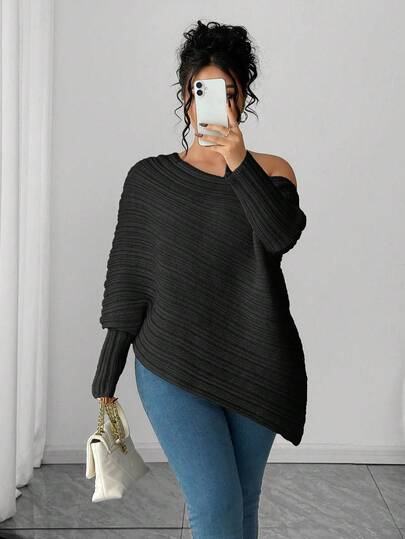 Elenzga Suéter holgado de punto asimétrico con mangas gigot, unicolor, hombro descubierto, para invierno, talla grande