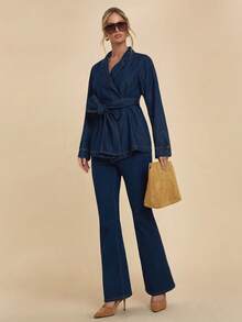 COSMINA 女式纯色简约长袖上衣和牛仔裤套装，休闲日常穿着 - 藍色 - 查看 4