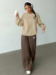 SHEIN 2pcs/Set Teen Girls Loose Fit Pullover Pullover Sweatshirt + Wide Leg Pants, Casual & Fashionable Everyday Wear - Brown - View 3