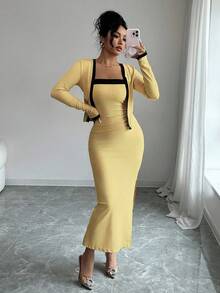 SHEIN Elenzya 两件套女士优雅撞色长袖开衫吊带裙套装，适合派对、家庭聚会、圣诞节、万圣节、情人节、新年、通勤和日常休闲穿着，秋冬季 - 淡黃色 - 查看 5