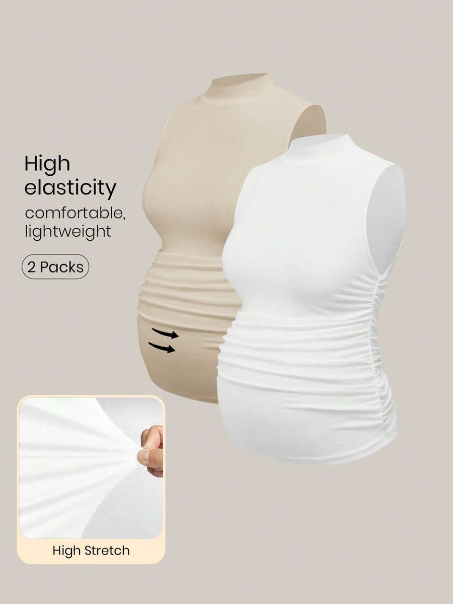 Modmama Áo ba lỗ cổ xếp ly màu trơn cho bà bầu, dễ mặc, đa năng - Nhiều màu - Xem 1