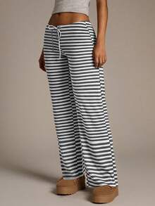 Aloruh Women's New Low Waist Brown Striped Pants, Autumn/Winter - Grey - View 4