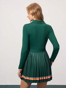 CourtClass Women's Striped Long Sleeve Pleated Hem Polo Collar Dress With Shorts Golf Outfit Green Tennis Dress Golf Women Dress