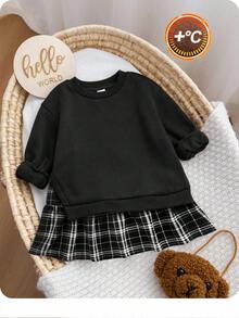 SHEIN 女童卡其色卫衣拼接格子裙卫衣连衣裙，复古时尚百搭休闲日常装 - 黑色 - 查看 6