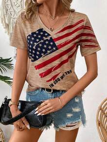 EMERY ROSE 女式美国国旗印花休闲 T 恤，适合春夏季图案 T 恤女式上衣