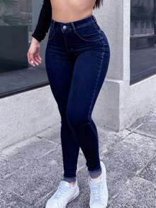 Jeans de cintura alta y ajuste ceñido lavados, Jeans de cintura alta y ajuste ceñido de elasticidad alta, Ropa de denim y ropa para mujeres, Jeans de denim ajustados para mujeres, Pantalones de denim para mujeres, Súper elásticos, Push up, Cintura alta, Estilo casual, Jeans azules ajustados y elásticos, Jeans de denim casuales - Azul Marino - Ver 4