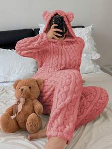 Dream Adore 大码女式泰迪熊刺绣提花舒适连帽连体睡衣 - 粉色 - 查看 5