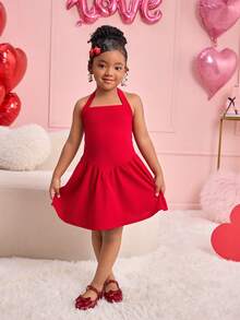Young Girls Red Strapless Sleeveless Cinched Waist Dress, Versatile For Holidays, Casual Wear, And Daily Use, Fashionable And Cute