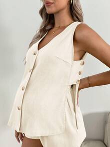 Boho Mama Bộ 2 món áo ba lỗ trơn màu cho bà bầu và quần short cạp chun có thể điều chỉnh - trắng - Xem 3