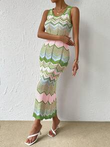 Breezaya Chevron Pattern Pointelle Knit Jumper Dress - Multicolor - View 3