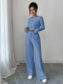 Modelyn Women's Solid Color Single-Breasted Collar Long Sleeve Top And Drawstring Waist Loose Wide Leg Pants 2 Pieces Set - Baby Blue - View 7