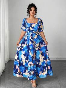 Elenzga 大码女装夏季新款复古印花中长连衣裙，欧美时尚海滨度假风，法式优雅，方领收腰显瘦喇叭裙摆长款连衣裙 - 彩色 - 查看 5