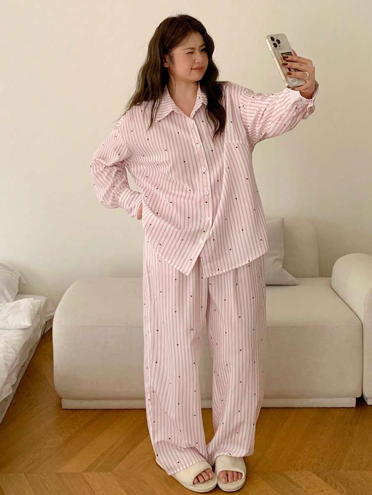 Dazy Plus Cute Floral Print Loose Shirt Top And Straight Pants Pajama Set, Plus Size Women Spring/Autumn