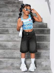 SHEIN Tween Mädchen Y2K Vintage ausgewaschene asymmetrische Taille Loose Fit blaue Denim Bermuda Shorts, für Streetwear - Schwarz - Übersicht 3