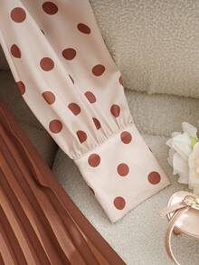 SHEIN Franclia 女士休闲通勤收腰连衣裙，纽扣衬衫式褶裥喇叭裙，卡其色波点连衣裙 - 棕色 - 查看 4