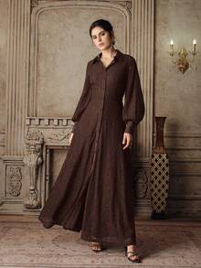 Anewsta Women's New Lace Elegant Long Sleeve A-Line Dress, European & Middle Eastern Street Style, Brown, Burgundy, Purple, Suitable For Valentine's Day - Coffee Brown - View 3