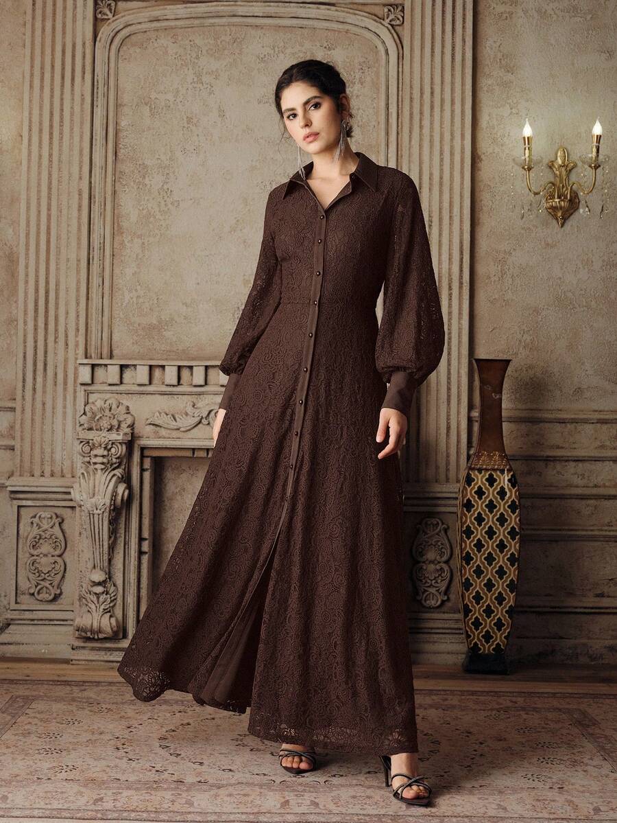 Anewsta Women's New Lace Elegant Long Sleeve A-Line Dress, European & Middle Eastern Street Style, Brown, Burgundy, Purple, Suitable For Valentine's Day - Coffee Brown - View 1