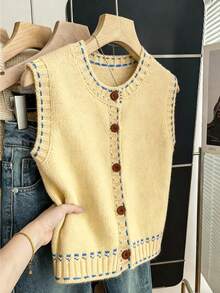 Franclia Plus Size Women Casual Round Neck Single-Breasted Knitted Vest, Autumn/Winter - Multicolor - View 1