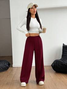SHEIN PETITE 黑色Y2K纯色阔腿裤正装裤秋冬搭配 - 酒紅色 - 查看 4
