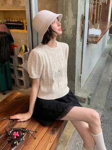 DAZY Women's Solid Color Round Neck Short Sleeve Knit Top, Korean Style, Autumn/Winter - Beige - View 1