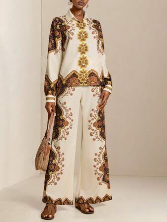 SHEIN Veneréa 2pcs Women Elegant Floral Print Long Sleeve Shirt And Pants Set