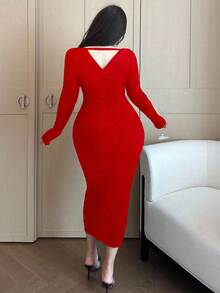 Vibekara Plus Size Women Solid Color Overlap V-Neck Long Sleeve Fitted Elegant Knit Dress - Red - View 2
