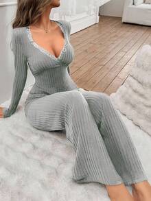 SHEIN Bộ đồ ngủ tay dài cổ ren màu trơn gợi cảm dành cho nữ, áo và quần dài, có gân, mềm mại và thoải mái, bộ đồ mặc nhà, quần áo mùa thu và mùa đông - Xám - Xem 4