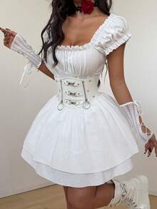 Coolane Winter Dresses For Women Y2K Goth Chic Rave Outfit Cotton Comfortable Vintage French Style Square Neck Waist Shaping Two-Tier Puff White Dress Puff Dress White Vintage Dress White Bubble Dress White Corset Dress Cute White Dress Milkmaid Dress White Western Dress - White - View 2