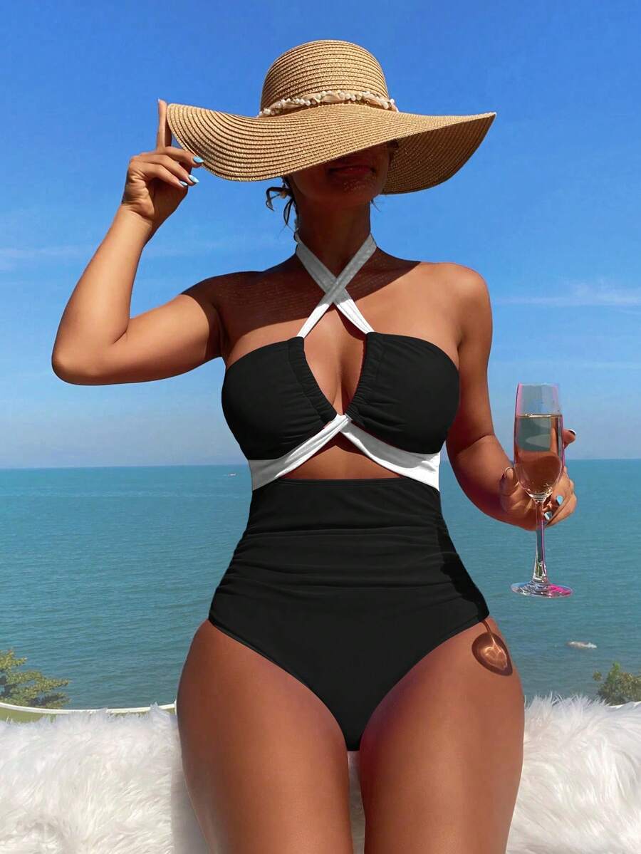 Swim Vcay Women's Contrast Color Hollow Out Criss-Cross Halter One-Piece Swimsuit