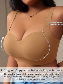 1pc Women's Seamless Underwire Bra With Molded Cups, Lift & Side Support, Comfortable Adjustable Straps - Camel - View 3