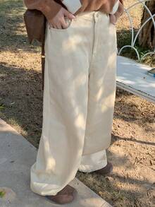 Dazy Plus Fashionable Casual Versatile Light-Colored Washed Plain Loose Straight-Leg Long Jeans, All Season - Beige - View 6