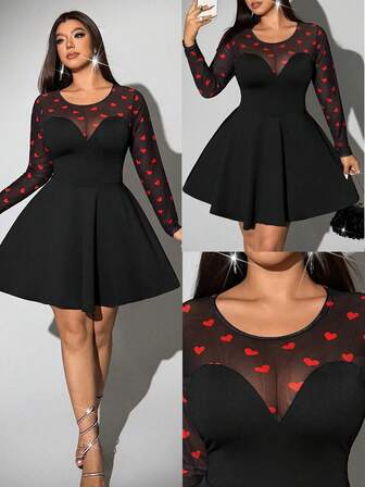 Viva Relle Red Party Christmas New Year Plus Size Valentine's Day Heart Decor A-Line Mini Dress