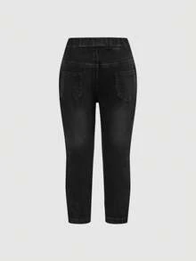 SHEIN 2pcs/Set Young Girls' Navy Blue & Light Blue Denim Thermal Lined Elastic Skinny Pants, Autumn/Winter - Multicolor - View 12