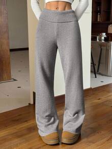 SHEIN EZwear Spodnie palazzo z dzianiny w jednolitym kolorze, z wysokim stanem i rozkloszowanym dołem, swobodny styl, jesień/zima