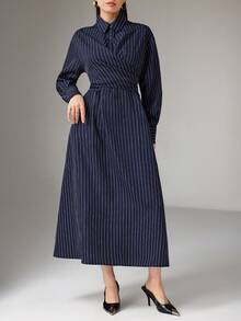 Heiryn 新款韩版裹腰优雅通勤日常百搭连衣裙 - 藏蓝色 - 查看 6