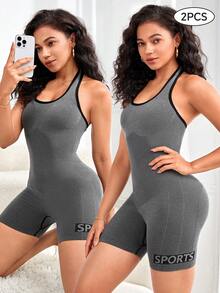 Eassivo Eassivo 2pcs/Set Halter Pilates Yoga Jumpsuit, Sports Jumpsuit - Grey - View 3