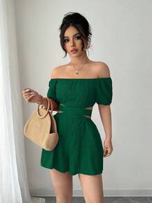 Rafferiza Casual-Woman Casual - Vacation Off The Shoulder Bow Back Jumpsuit - Army Green - View 3