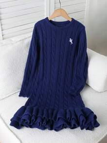 Tween Girls Long Sleeve Snug Fit Sweater Dress With Ruffle Hem, Suitable For Spring, Autumn, Winter, Can Be Paired With Padded Coat - Royal Blue - View 3