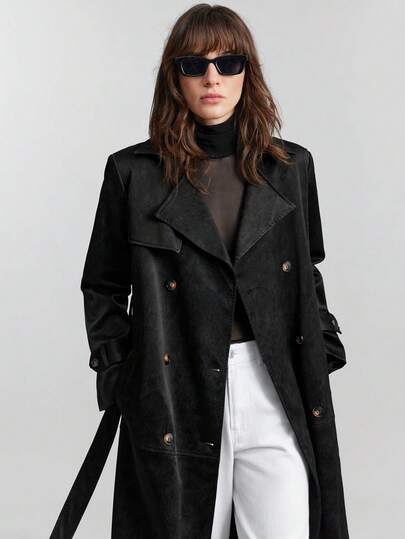 Ontre Women's Lapel Double-Breasted Long Sleeve Long Windbreaker With Belt, Urban Commute Business Casual, Suitable For Office, Teacher, Elegant Attire For Christmas, New Year Party, Wedding Guest