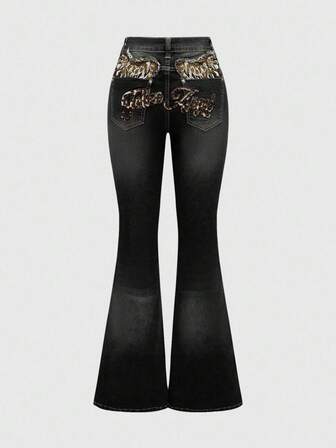 J-Fashion Jeans a vita bassa a zampa di leone con stampa vintage a forma di ala, stile Y2K, per donne