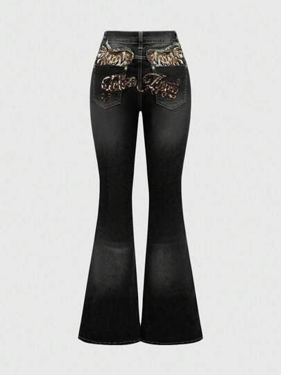 J-Fashion Jeans a vita bassa a zampa di leone con stampa vintage a forma di ala, stile Y2K, per donne